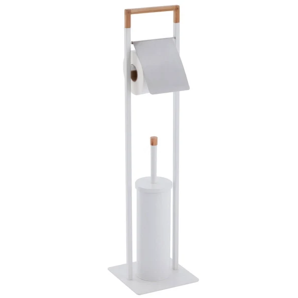 Lampadaire de salle de bain avec porte-rouleau de papier toilette et brosse WC blanc et bambou 30 cm de long