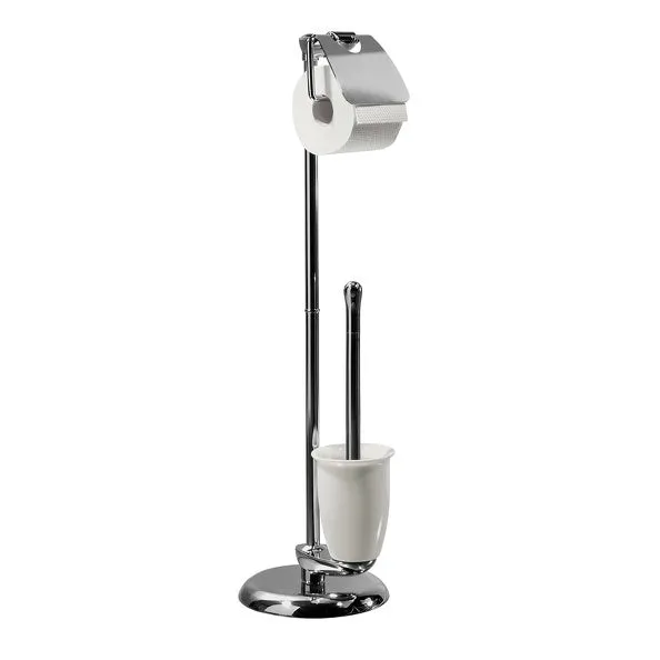 Piedestal de salle de bain avec porte-rouleau de papier toilette et brosse modèle Darwin en acier chromé et porcelaine ave...