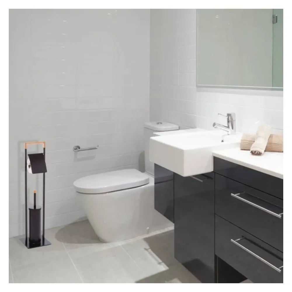 Porte-savon Piedestal de salle de bain avec porte-rouleau de papier toilette et brosse WC en bambou et acier couleur noir mat