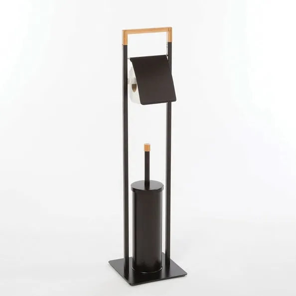 Porte-savon Piedestal de salle de bain avec porte-rouleau de papier toilette et brosse WC en bambou et acier couleur noir mat