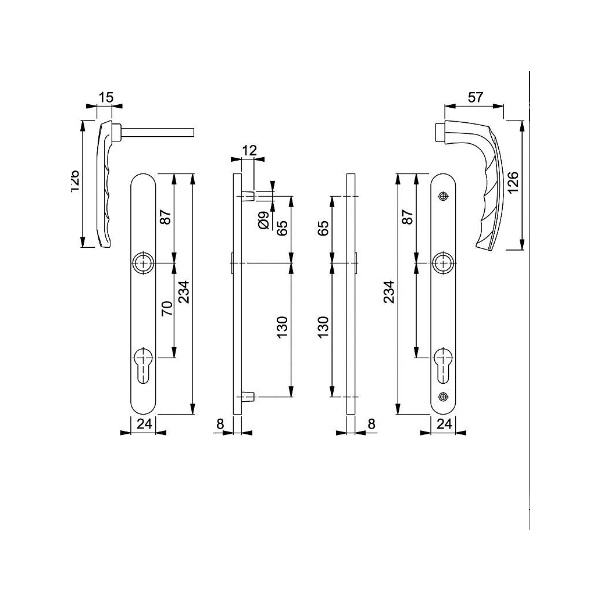 Ensemble sur plaques étroites ATLANTA 113KH/300LMSGL/1530 aspect inox - Section carré : 7 mm - Épaisseur de porte : 58/67...