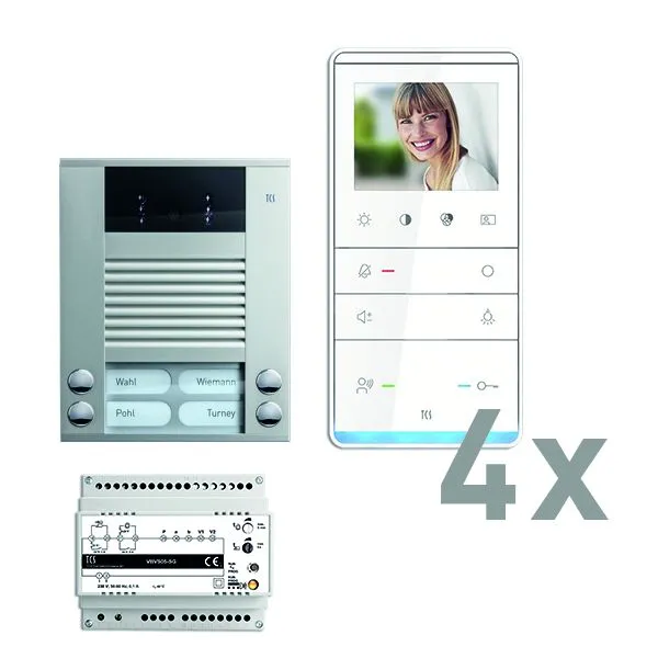 Vidéo de commande de porte TCS : pack AP pour 4 logements avec platine de rue AVE 4 boutons de sonnerie 4x haut-parleur ma...