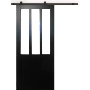 Porte Coulissante Atelier Noir H204 X L93 Sans Meneau + Rail Roulettes Et 2 Coquilles Gd Menuiseries