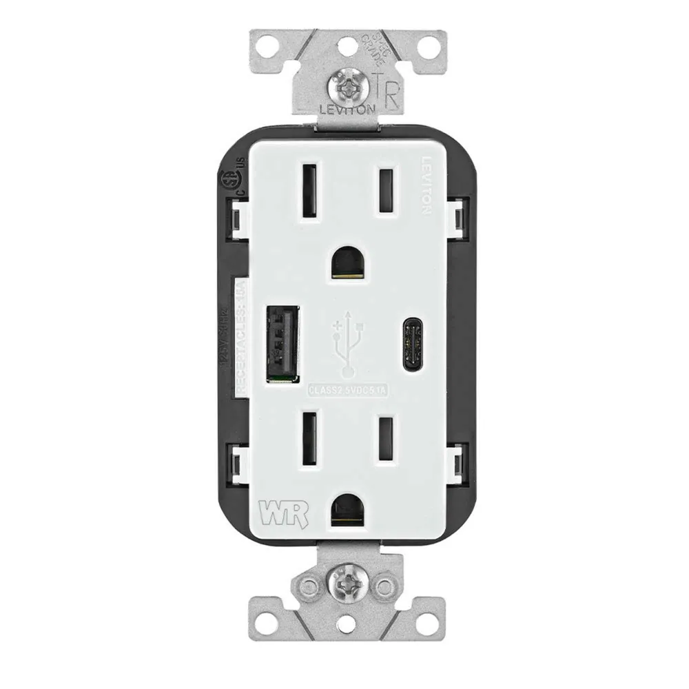 Prise Decora combinée résistante aux intempéries et inviolable avec chargeurs USB de Type- et de type C, blanc avec Certif...