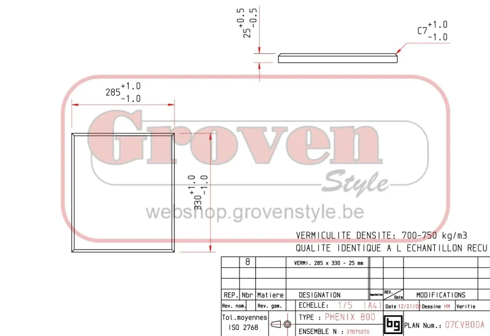 BODART & GONAY - 07CV800A Vermiculiet 285x330x25 Phenix 600 Phenix 800 Phenix 950