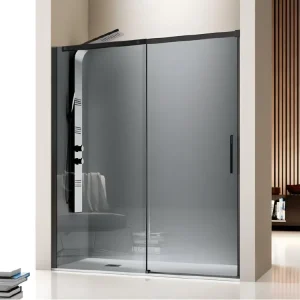 Paroi de douche fixe + Porte coulissante LUNA profil noir mat verre fumé 115 cm Sans paroi latérale | Installation Facile