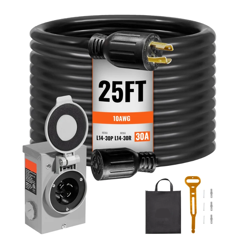 30 Amp Generator Cord & Inlet Box Kit 25FT Extension Cord NEMA L14-30P
