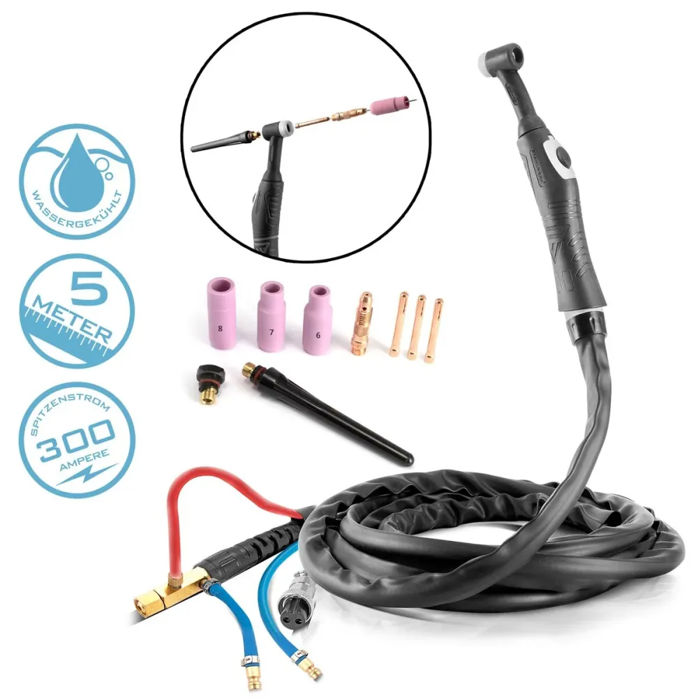 Brûleur de soudage à perruque refroidie par acier WP18 | SR18 à 300 avec un paquet de tuyaux de gaz protecteur de 5 m pour...