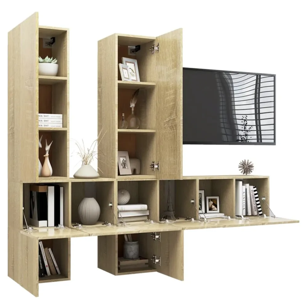 Ensemble de meubles armoire buffet TV télévision salon chambre séjour 7 pièces chêne sonoma bois d'ingénierie brun 02_0025205