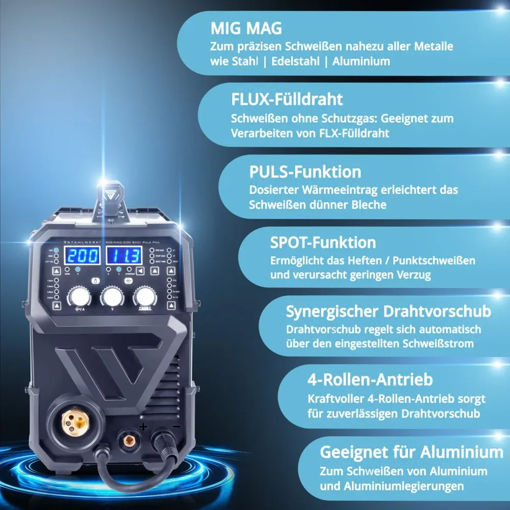 Steel Mill Mig Mag 200 SPOT PULS PRO FULLE ÉQUIPEMENT, onduleur IGBT entièrement syngique, dispositif de combinaison 5 sur...