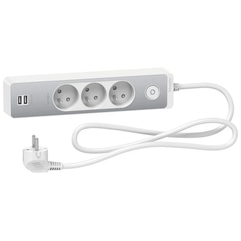 Rallonge multiprise on/off SCHNEIDER ST933U1WA 3 prises - 2P+T - 2 USB - 1,5 m - blanc - finition alu brossé avec Protecti...