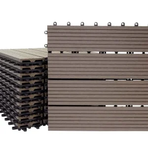 Carrelage de sol WPC balcon terrasse aspect bois 11 pièces 30x30cm 1m² décalage en teck linéaire couleur café 04_0005434