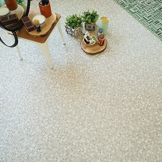 Sol Vinyle envers textile - Carrelage mosaïque - Crème - Rouleau de 2m x 25m