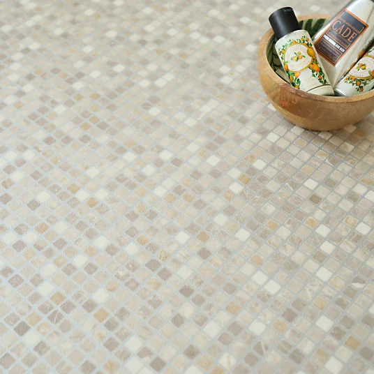 Sol Vinyle envers textile - Carrelage mosaïque - Crème - Rouleau de 2m x 25m