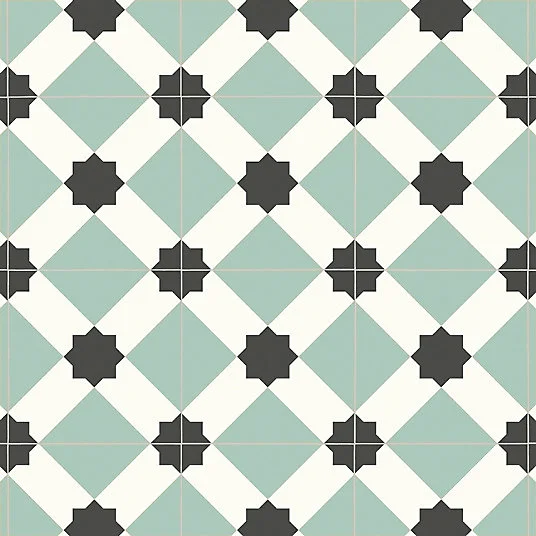 Sol Vinyle First - Effet carreaux de ciment géométrique - Vert d'eau - Rouleau de 4m x 9m