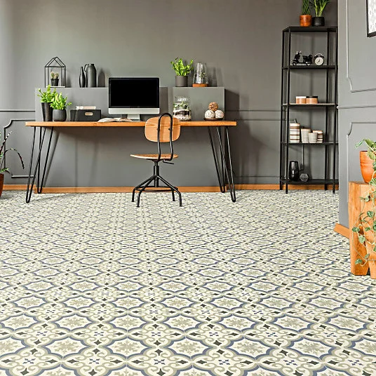 Sol Vinyle First - Effet carreaux de ciment arabesques - Vert et bleu - Rouleau de 4m x 22m