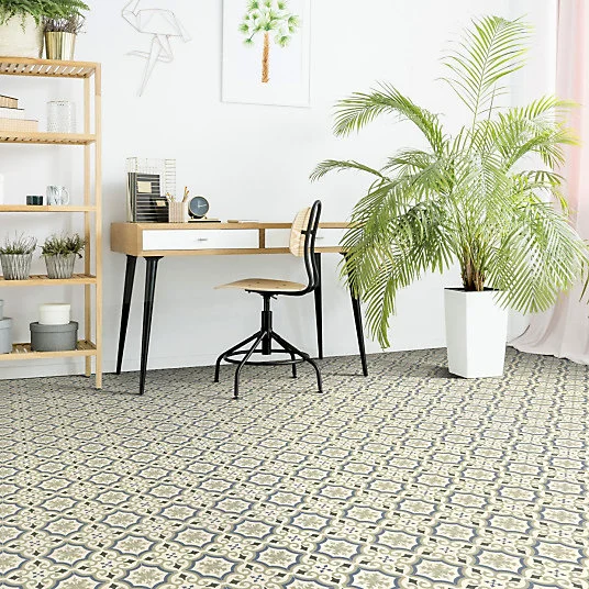 Sol Vinyle First - Effet carreaux de ciment arabesques - Vert et bleu - Rouleau de 4m x 22m