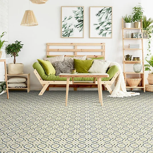 Sol Vinyle First - Effet carreaux de ciment arabesques - Vert et bleu - Rouleau de 4m x 22m