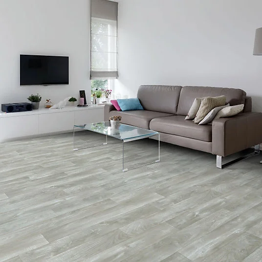 Sol Vinyle First - Imitation parquet gris évident - Effet argenté - Rouleau de 4m x 14m