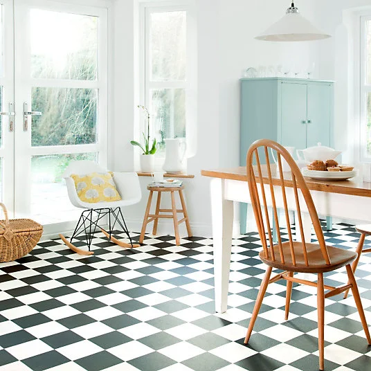 Sol Vinyle Happy Days - Carrelage damier droit - Noir et blanc - Rouleau de 2m x 7m