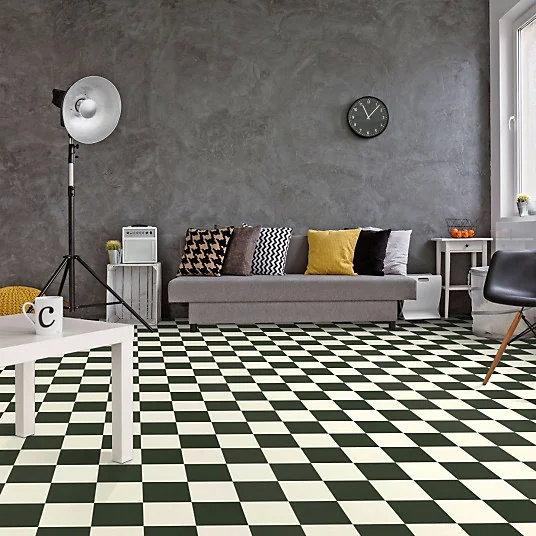 Sol Vinyle Happy Days - Carrelage damier droit - Noir et blanc - Rouleau de 2m x 7m