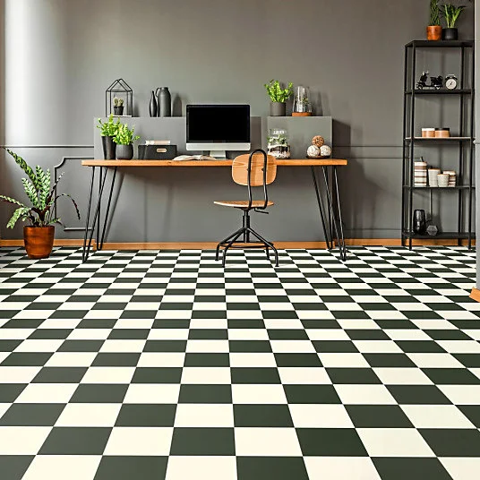 Sol Vinyle Happy Days - Carrelage damier droit - Noir et blanc - Rouleau de 2m x 7m