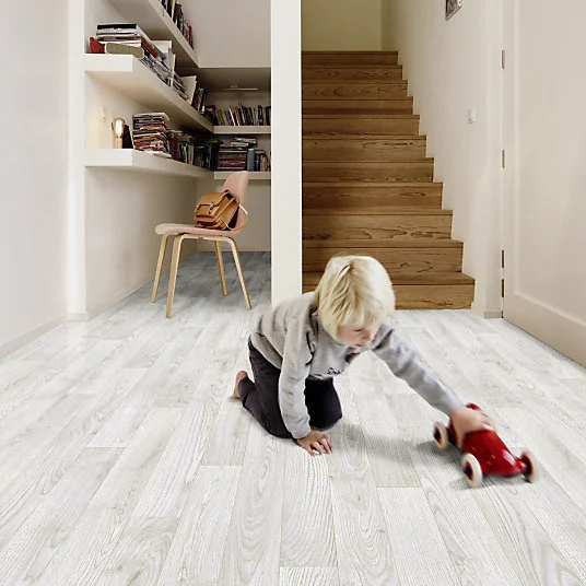 Sol Vinyle Link - Imitation parquet blanc veinage gris - Rouleau de 3m x 9m