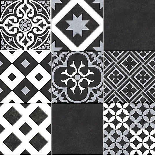 Sol Vinyle Link Plus - Carreaux de ciment noir et blanc - Surface brillante - Rouleau de 3m x 2m