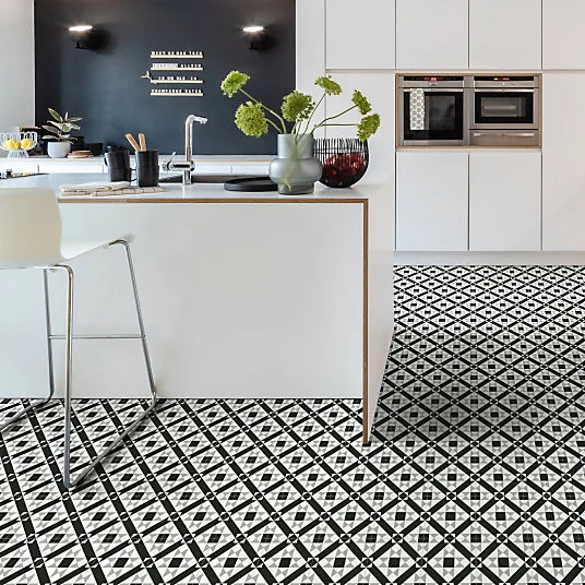 Sol Vinyle Style - Carreaux de ciment graphique - Noir et blanc - Rouleau de 2m x 30m