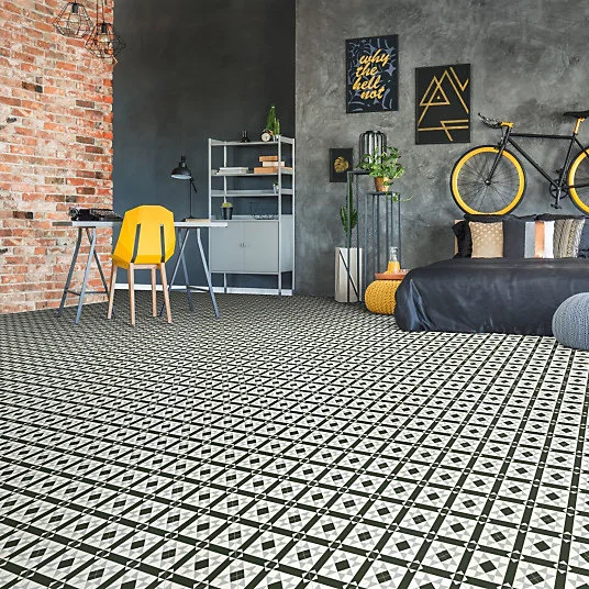 Sol Vinyle Style - Carreaux de ciment graphique - Noir et blanc - Rouleau de 2m x 30m