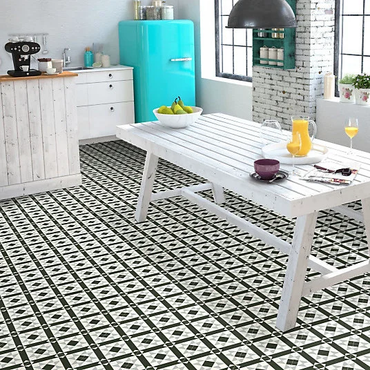 Sol Vinyle Style - Carreaux de ciment graphique - Noir et blanc - Rouleau de 2m x 30m