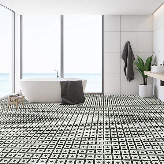 Sol Vinyle Style - Carreaux de ciment graphique - Noir et blanc - Rouleau de 2m x 29m