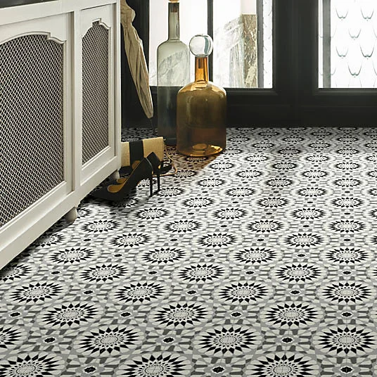 Sol Vinyle Style - Carreaux de ciment motif mosaïque noir - Rouleau de 3m x 6m