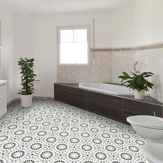 Sol Vinyle Style - Carreaux de ciment motif mosaïque noir - Rouleau de 3m x 6m