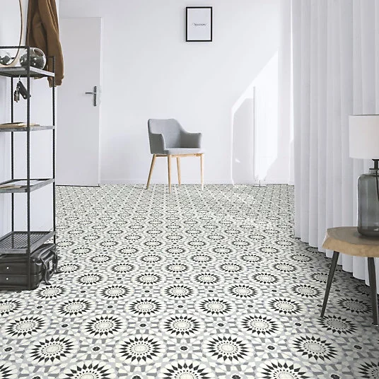 Sol Vinyle Style - Carreaux de ciment motif mosaïque noir - Rouleau de 3m x 6m