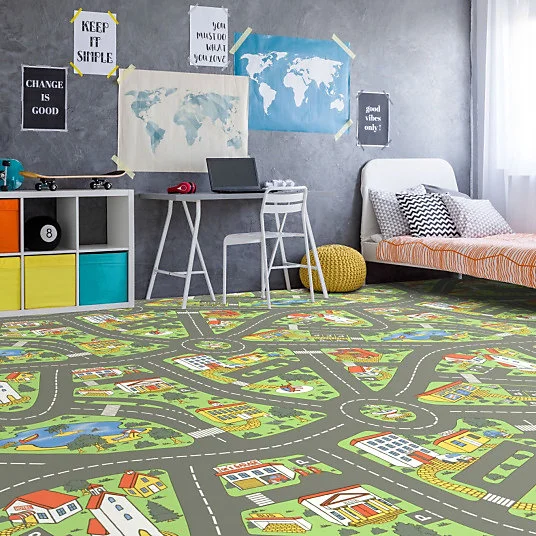 Sol Vinyle Style - Chambre enfants - Circuit de voiture City - Rouleau de 4m x 14m