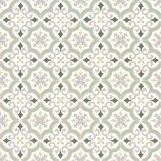 Sol Vinyle Textile économique - Effet carreaux de ciment arabesques - Vert et gris - Rouleau de 4m x 6m