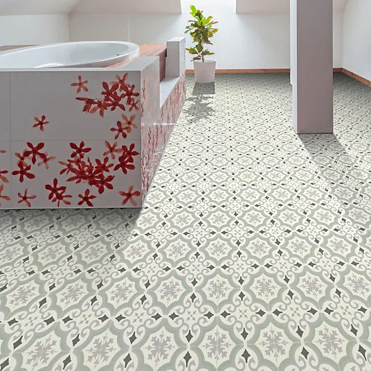 Sol Vinyle Textile économique - Effet carreaux de ciment arabesques - Vert et gris - Rouleau de 3m x 4m