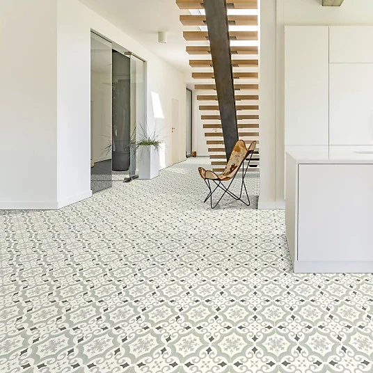 Sol Vinyle Textile économique - Effet carreaux de ciment arabesques - Vert et gris - Rouleau de 3m x 4m