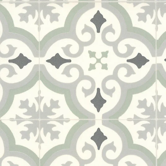 Sol Vinyle Textile économique - Effet carreaux de ciment arabesques - Vert et gris - Rouleau de 3m x 4m