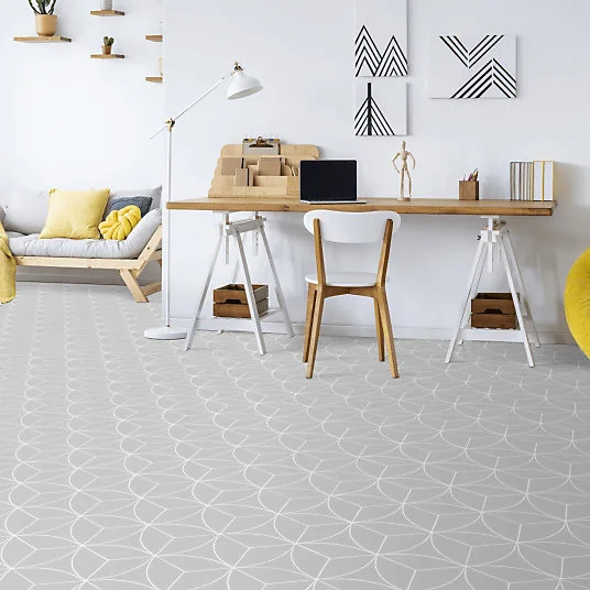 Sol Vinyle Textile économique - Rosace géométrique - Gris - Rouleau de 3m x 13m