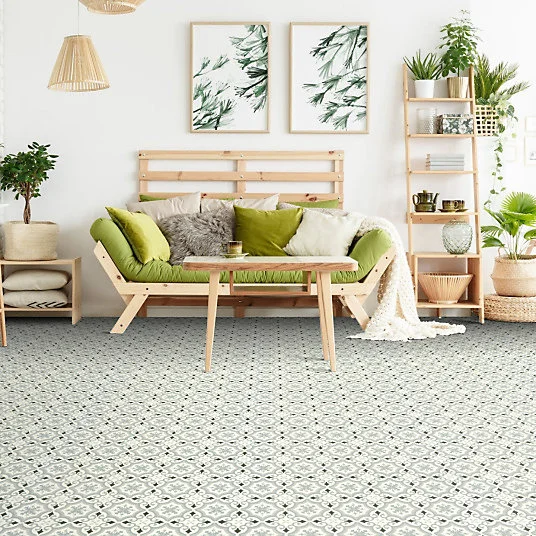 Sol Vinyle Textile - Rénove acoustique - Effet carreaux de ciment arabesque - Gris bleuté - Rouleau de 4m x 3m