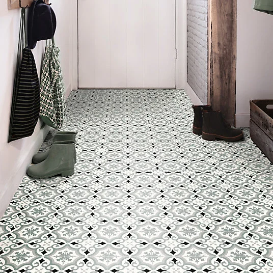 Sol Vinyle Textile - Rénove acoustique - Effet carreaux de ciment arabesque - Gris bleuté - Rouleau de 4m x 3m