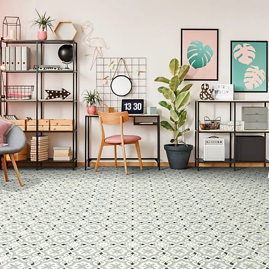 Sol Vinyle Textile - Rénove acoustique - Effet carreaux de ciment arabesque - Gris bleuté - Rouleau de 4m x 3m