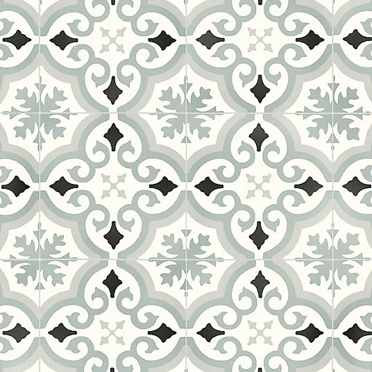 Sol Vinyle Textile - Rénove acoustique - Effet carreaux de ciment arabesque - Gris bleuté - Rouleau de 4m x 7m