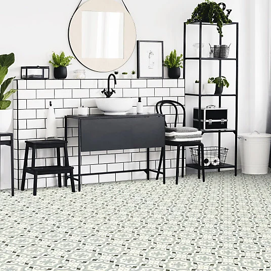 Sol Vinyle Textile - Rénove acoustique - Effet carreaux de ciment arabesque - Gris bleuté - Rouleau de 2m x 25m