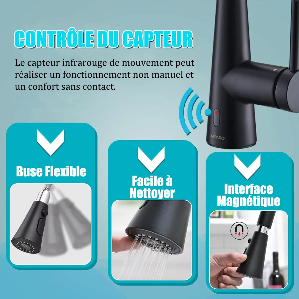 APPASO Robinet de Cuisine 360° Rotatif Mitigeur d'Évier 3 Jets en Alliage de Zinc sans Contact Noir Mat