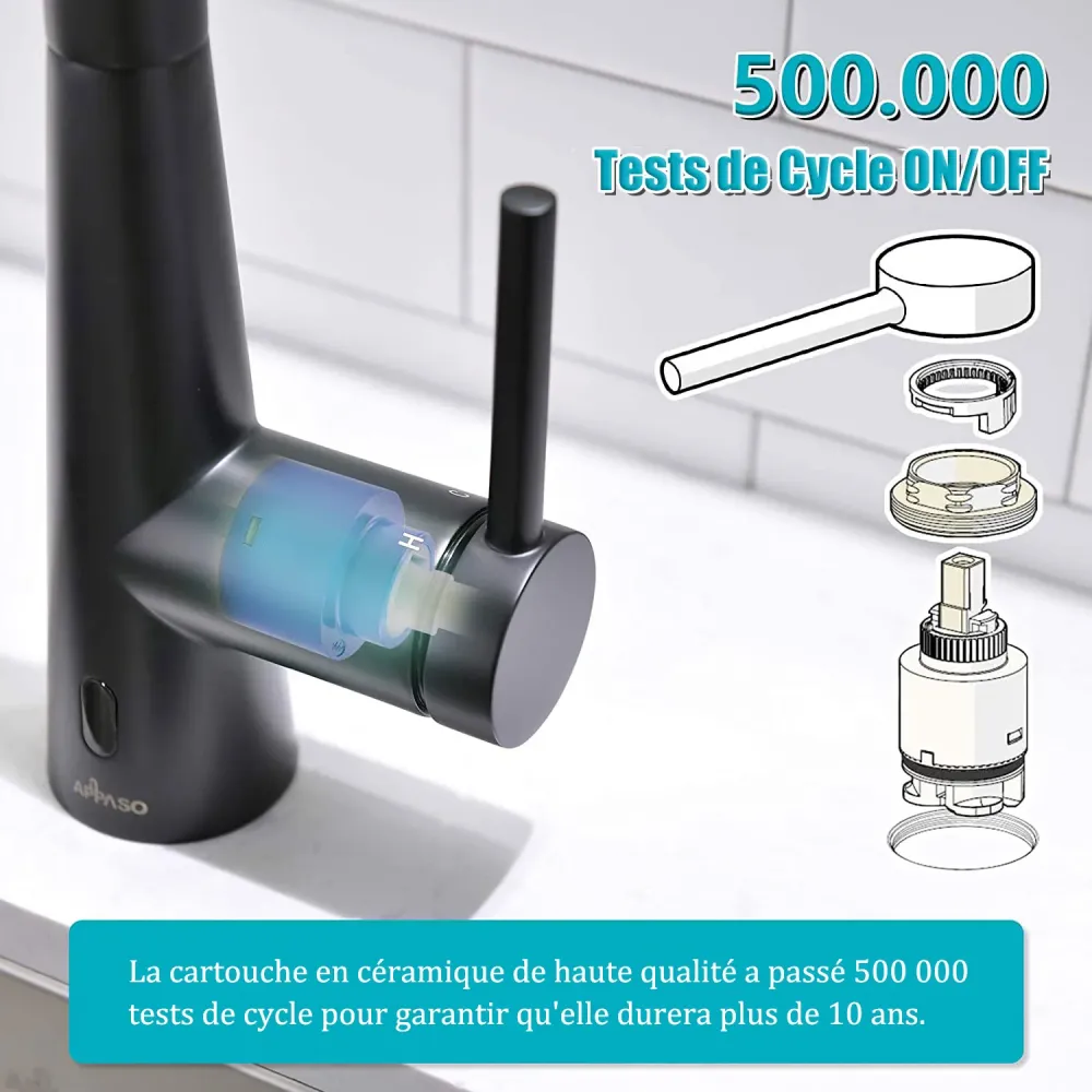 APPASO Robinet de Cuisine 360° Rotatif Mitigeur d'Évier 3 Jets en Alliage de Zinc sans Contact Noir Mat