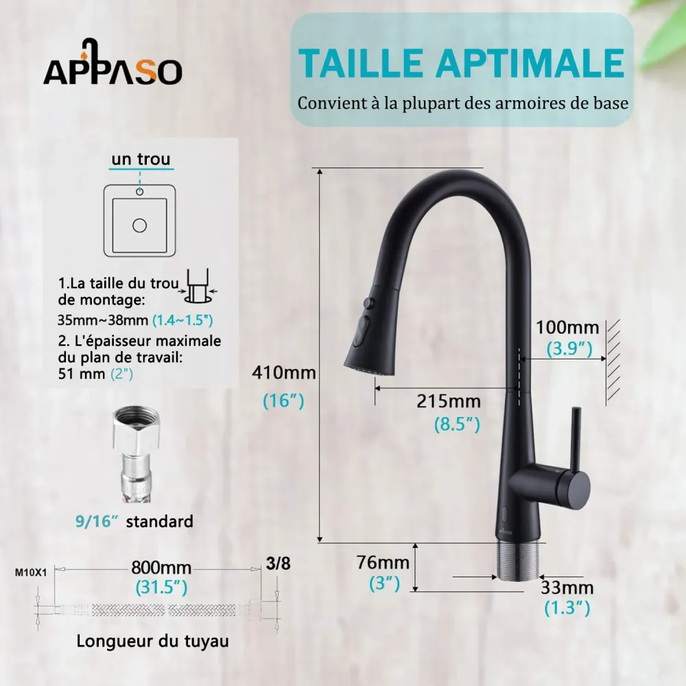 APPASO Robinet de Cuisine 360° Rotatif Mitigeur d'Évier 3 Jets en Alliage de Zinc sans Contact Noir Mat