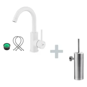 AURALUM MAX Robinet Lavabo Blanc Rotation 360°,Barboteur démontable,Eau froide/chaude+Porte Brosse Toilette Acier Inoxydab...